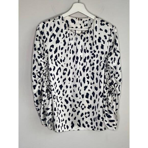 Tibi 100% Silk Leopard Print Ruched Sleeve Blouse Top White/Navy Women's Size 2 - Picture 2 of 9